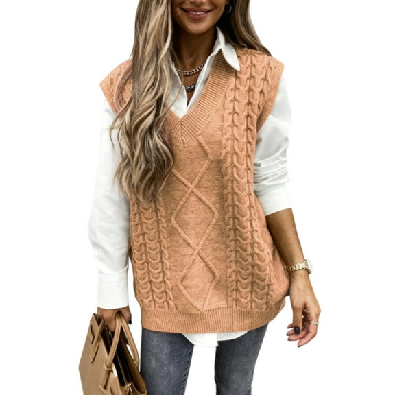 DOKOTOO Women's Khaki Cable Knit Sweater Vest Sleeveless Pullover Top US 12-14(L)