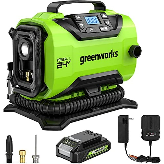 Greenworks 24V Portable Air Compressor- Cordless Tire Inflator, MAX 160 PSI, 2 Power Sources, Auto Shut Off, for Car, Bicycle, Motocycle, Air Boat, Inflatables, 2.0 AH Battery and Charger