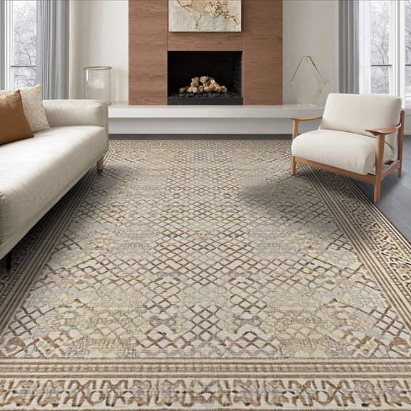 ODIKA 8'x10' Washable Area Rug Non-Slip Chair-Friendly Mat Geometric Trellis Boho Minimalist Farmhouse Lattice Neutral Large for Dining Room, Office, Lounge