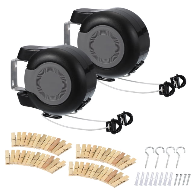2Pcs 49Ft Línea de Ropa Retráctil de Alta Resistencia con 24 Pinzas para Ropa Seca y Húmeda, Negro