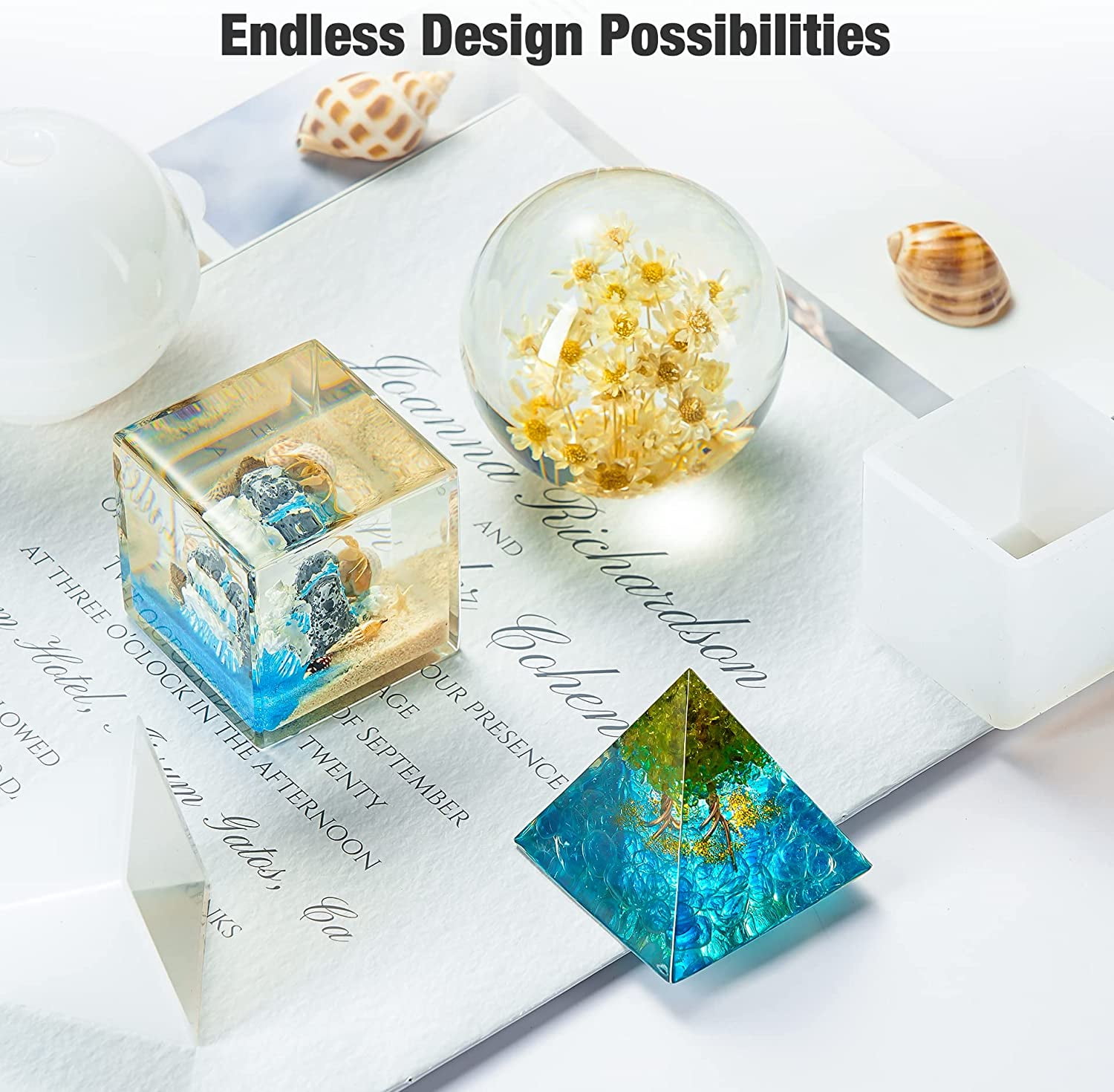 Wiher Resin Molds Silicone Kit, 8 in 1 Silicone Molds for Epoxy Resin, Large Resin Molds for Flowers Preservation, Including Hexagon, Heart, Sphere, Pyramid, Cube and Set Tools