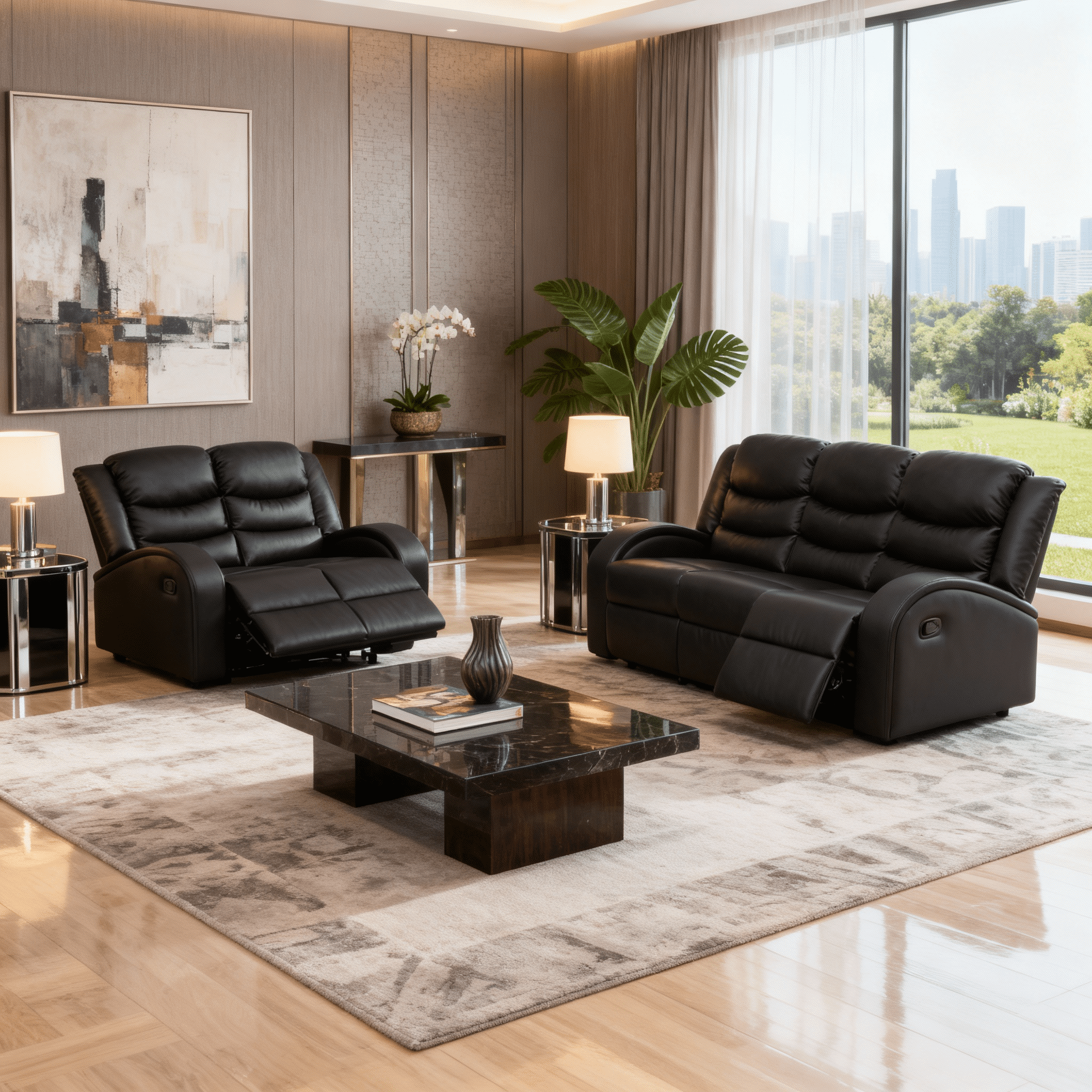 Gewnee Black 2-Piece Living Room Recliner Sofa Set with Air Leather & Solid Wood Frame, Double-Layer Springs, Suitable for Living Room