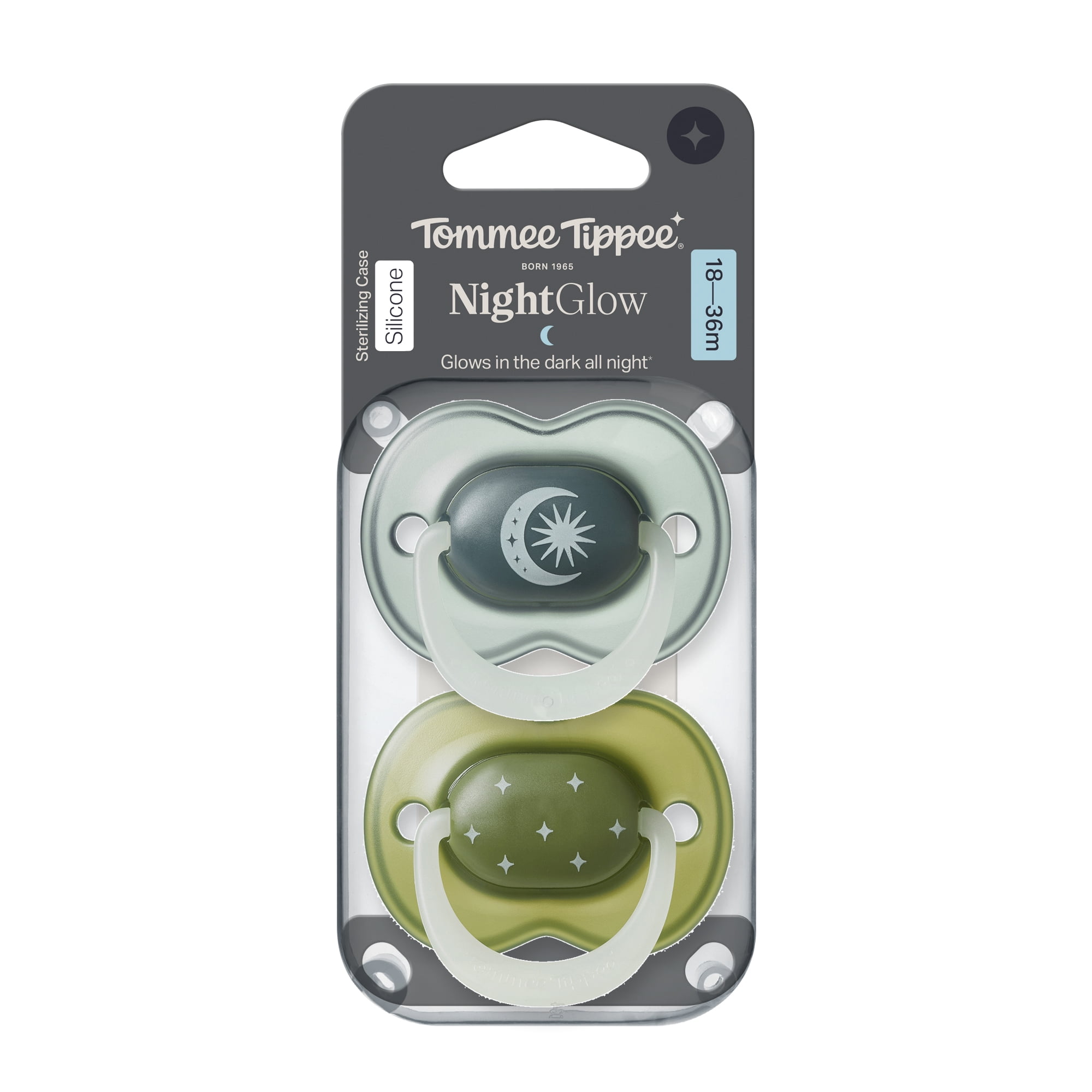 Tommee Tippee NightGlow Pacifier, 18-36 Months, 2 Pack, Glow in the dark, Reusable sterilizer case, 100% BPA Free, Forest Floor and Midnight Sky