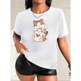 thumbnail image 1 of T-Shirt à Manches Courtes pour Femmes, Imprimé Chat de Dessin Animé, Tissu Doux, Col Rond Décontracté, Tricot Extensible, Coton, Toutes Saisons, Plusieurs Couleurs Disponibles, T-Shirts Confortables, 1 of 7