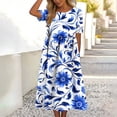 thumbnail image 6 of YueHuiYing Women's Summer Casual Blue-and-White Porcelain Print Short-Sleeve Round-Neck Knee-Length Dress, 6 of 7