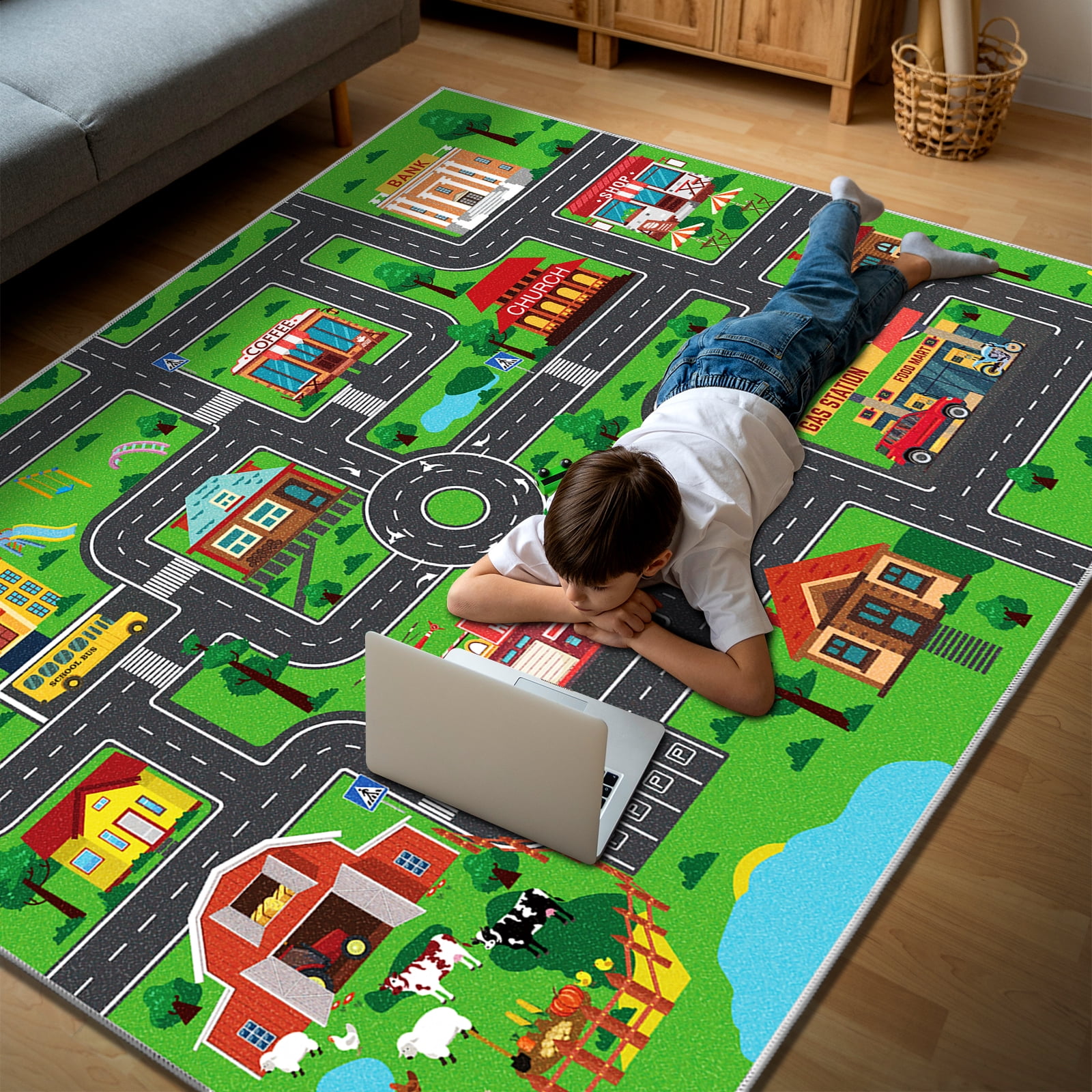 Kids Carpet Car Play Rug, (59X39.4INCH)City Life Traffic Road Kids Rug Playmat,Non Slip Children Educational Game Car Mat Area Rug for Playroom Baby Toddler Boys Bedroom Classroom