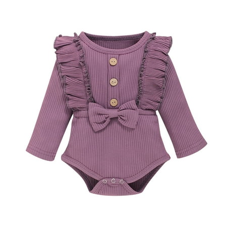 

Baby Girls Bodysuits Longleeve Rufflesolid Bowknot Romper Bodysuit