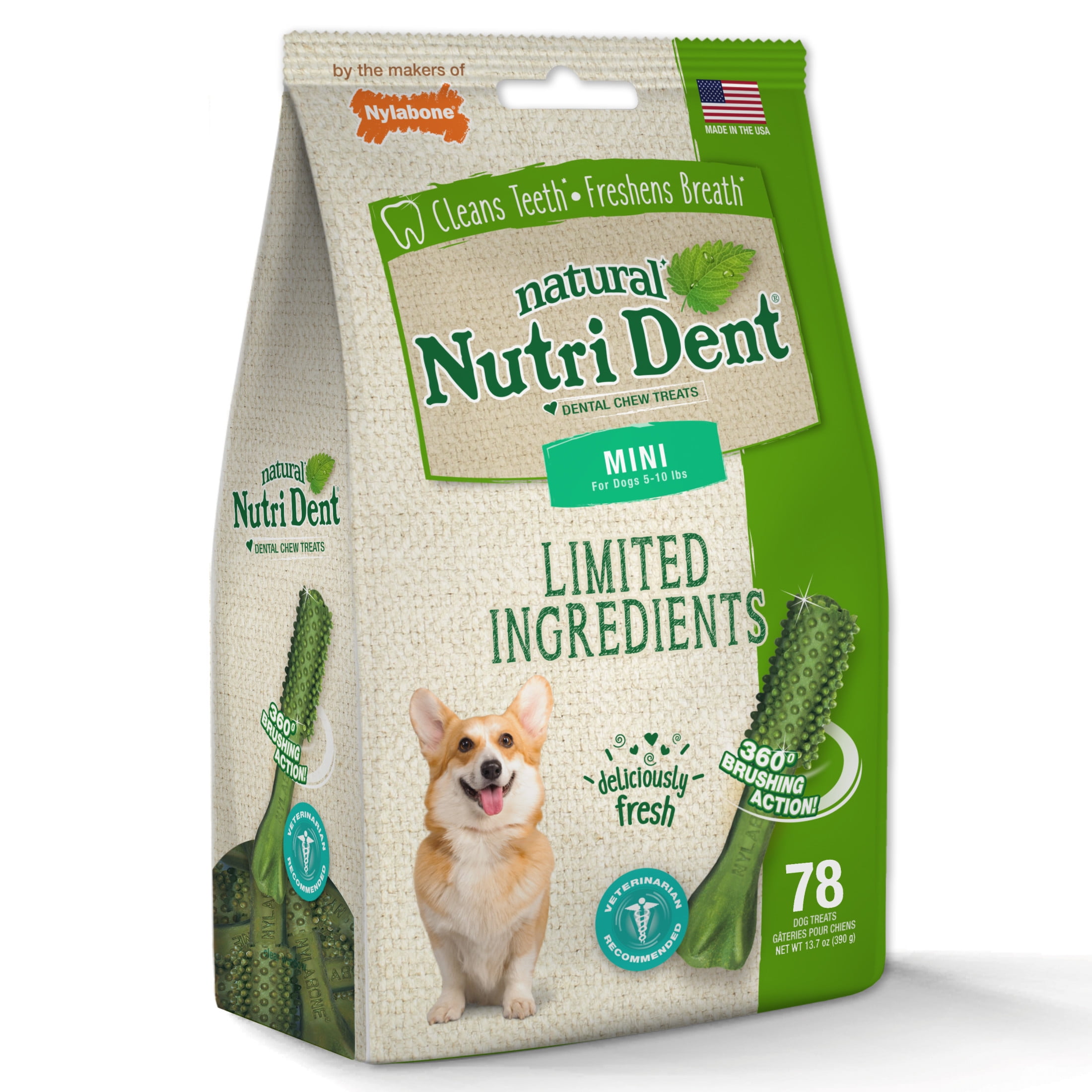 Nylabone Nutri Dent Natural Dental Chews for Dogs, Limited Ingredient Dog Treats, Teeth Cleaning Dental Sticks for Dogs, Fresh Breath Flavor, For X-Small Dogs (78 Count)
