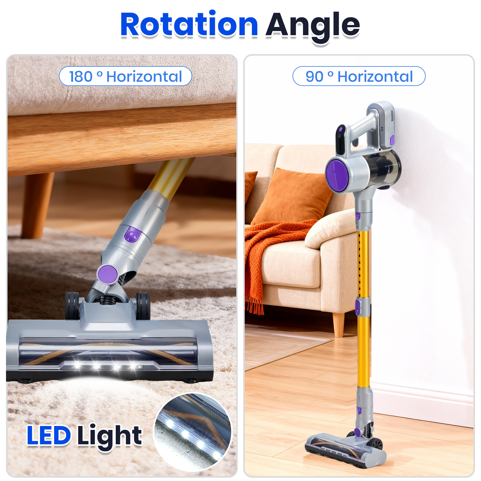 LIFERECORD Cordless Vacuum Cleaner, 180°Flexible Stick Vacuum for Pet Hair with Anti-Tangle Brush, 3 Suction Modes, LED Light for Hardwood Floors, Carpet, Furniture