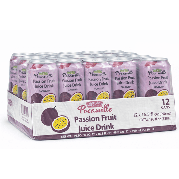 Pocasville Passion Fruit Juice Drink, 16.5 fl oz Cans, 12 Count, Squeezed Tropical Fruit Beverage