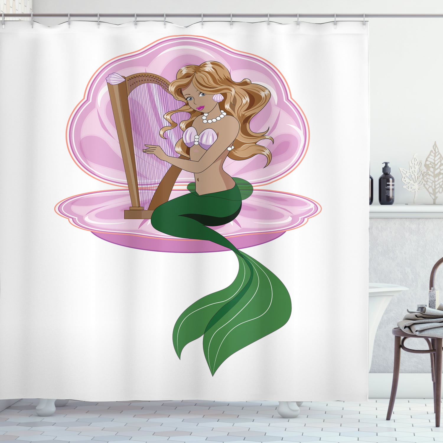 Green Hair Mermaid Shower Curtain Liner Bathroom Mat Set Waterproof Fabric Hooks 
