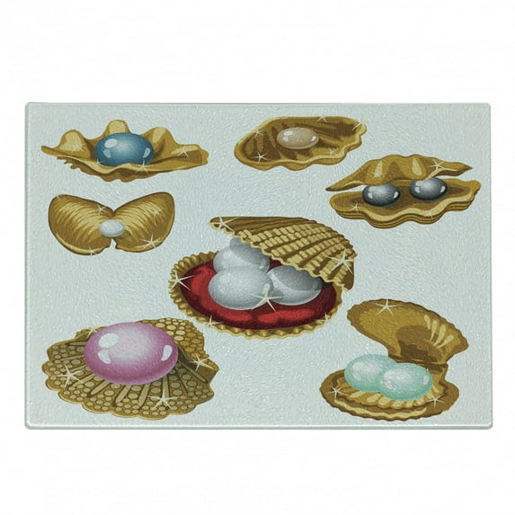 Pearls Cutting Board, Open Shells Different Type of Shapes Wealth Gemstone of the Sea Print, Decorative Tempered Glass Cutting and Serving Board, Small Size, Multicolor, by Ambesonne