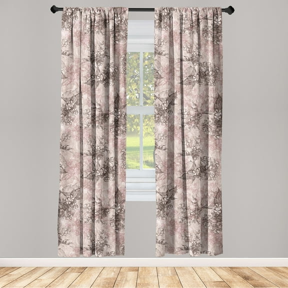 Japanese Autumn Window Curtains, Romantic Vintage Asian Engraved Style Flower Pattern with Leaves, Lightweight Decor 2-Panel Set with Rod Pocket, Pair of - 28"x63", Pale Rose Dark Taupe, by Ambesonne