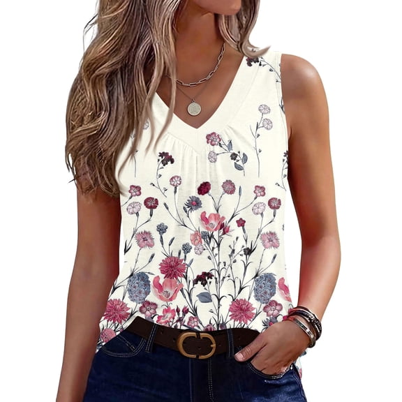 Kixjoy V Neck Tops for Women Sleeveless Summer Tank Tops Floral Print Loose Fit Pleated Shirt Trendy Casual Soft Womens Summer Tops, Pink S