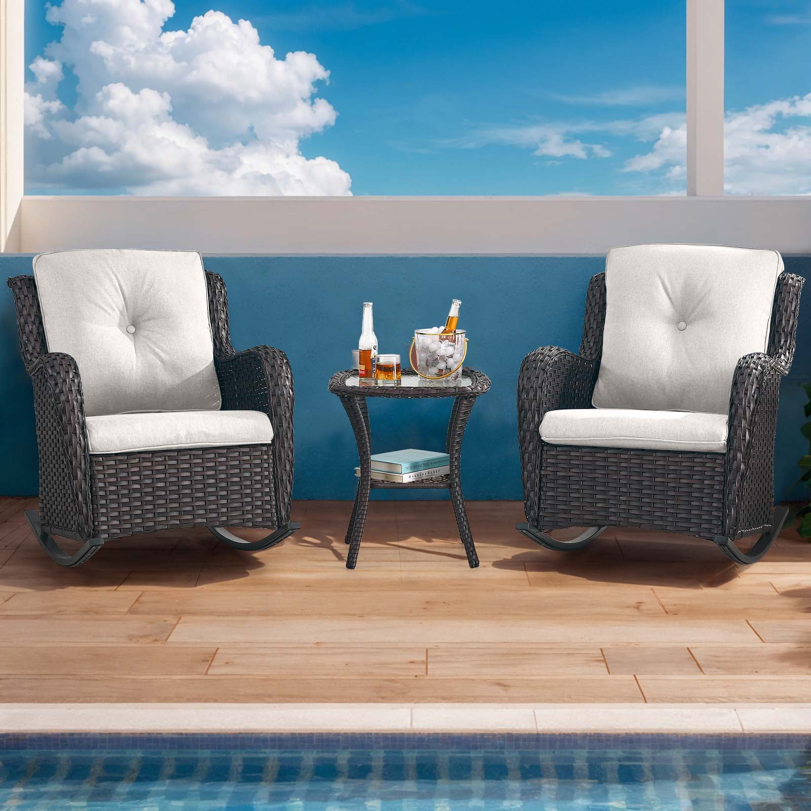 PARKWELL Outdoor Wicker Rocking Chair - 3 Piece Rattan Patio Bistro Set 2 Rocker Chairs and Glass Coffee Side Table - Set of 3 - Beige