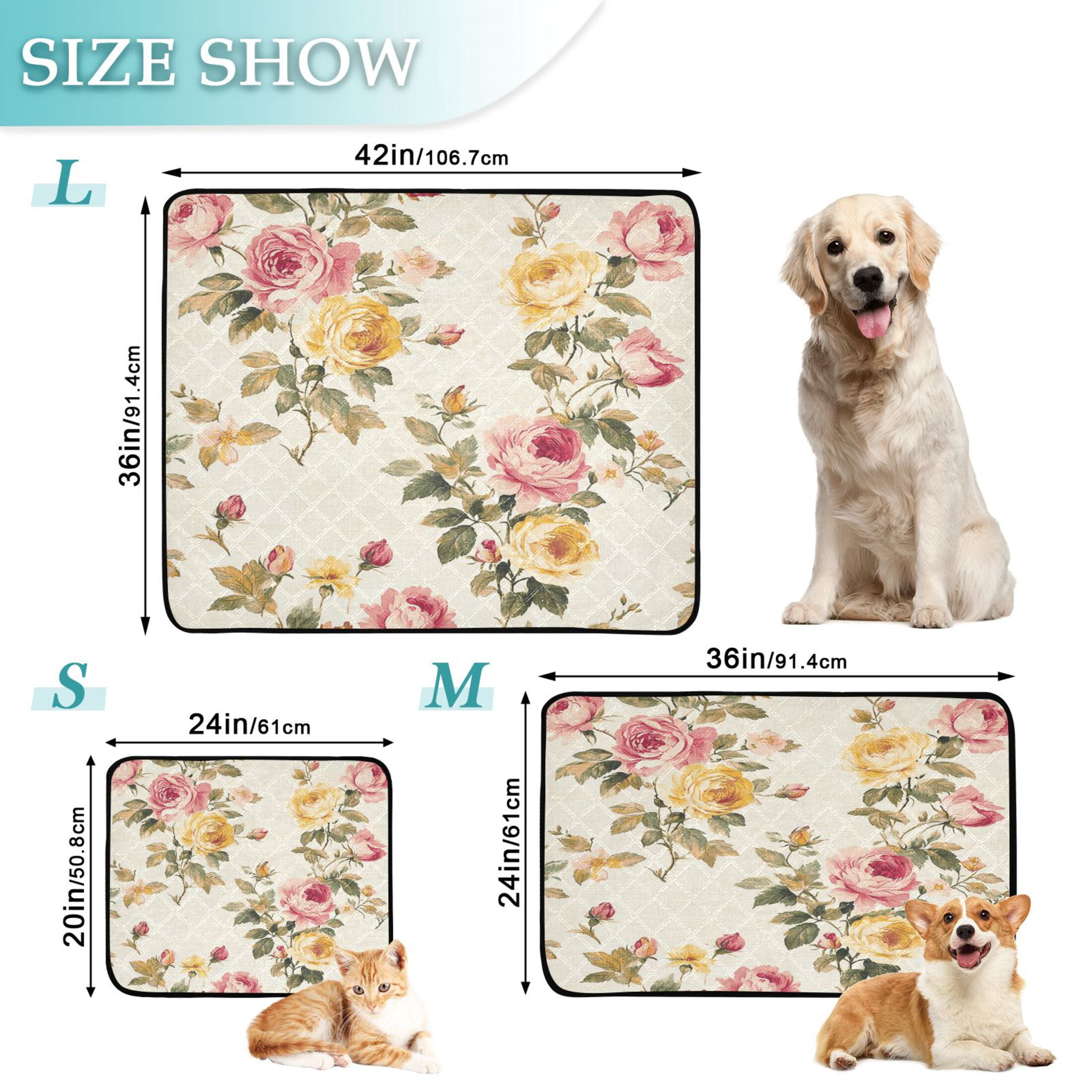 Qxltty Vintage Shabby Chic Floral Pattern with Roses Cat litter Pads Pet Set of 2 Diaper Mats Center Anti-leakage Layer Absorbent Soft and Comfortable