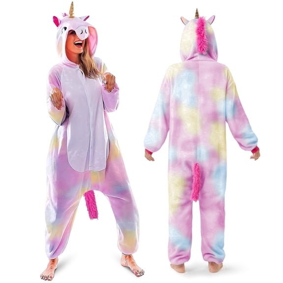 Joyfy Unicorn Costume for Adults, Plush Hooded Animal Jumpsuit Pajama for Halloween Party Cosplay Role Play and Dress Up