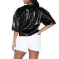 thumbnail image 2 of Women's Gameday Couture  Black Carolina Panthers Rise Up Sequin Cropped T-Shirt, 2 of 3