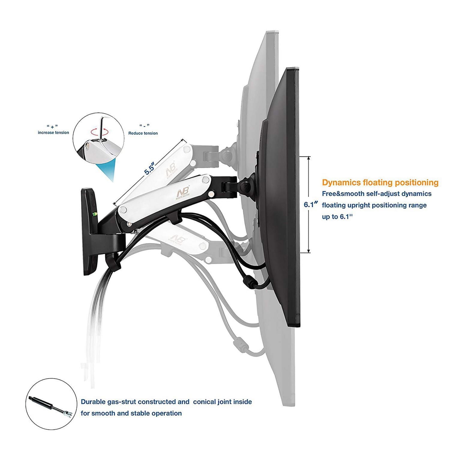TV moniteur support mural Full Motion pivotant articulé pour écrans 17-27 po de North Bayou F120-S, Argent
