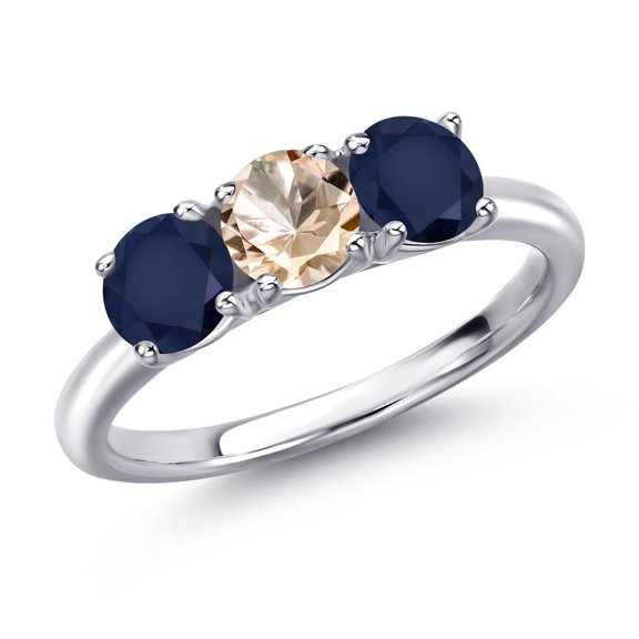 Gem Stone King 925 Sterling Silver Peach Morganite and Blue Sapphire Engagement Ring for Women | 1.60 Cttw | Round 5MM | Gemstone October Birthstone | Size 6