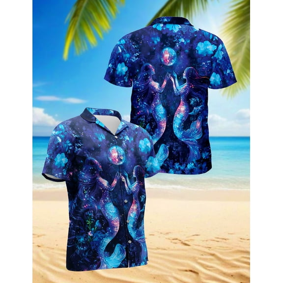 Tropical Floral Mermaid Hawaiian Shirt for Men, Button Down Summer Beach Short Sleeve, Fantasy Style, Sizes S-5XL