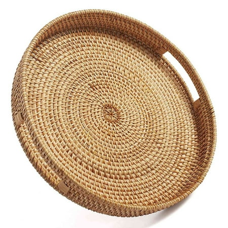 

Round Rattan Serving Tray Decorative Woven Ottoman Trays with Handles for Natural(Small)