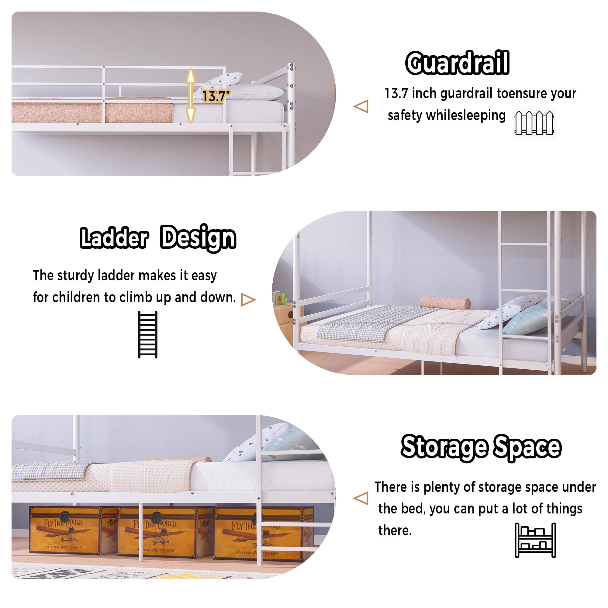 Leumius Bunk Bed Twin Over Twin for Boys Girls,Metal Twin Size Bed Frame with 13.7 Inch High Safety Guardrail & Sturdy Ladder,Converts to 2 Beds,White