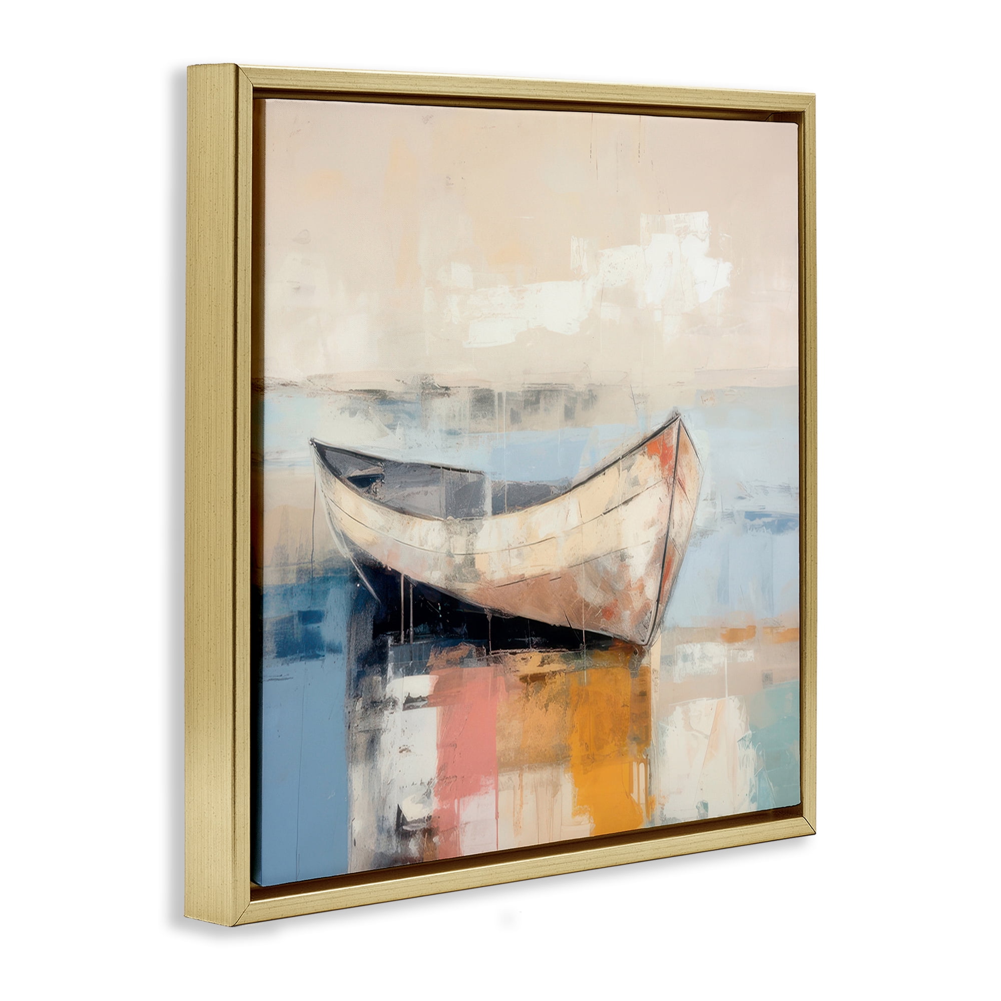 Stupell Industries Charming Coastal Boat Nautical & Beach Painting Gold Floater Framed Canvas Art Print Wall Art, 25 x 25