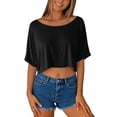 thumbnail image 6 of hoksml Women's Off Shoulder Batwing Sleeve Crop Top, Loose Flowy Curved Hem T-Shirt for Summer Casual and Vacation, 6 of 6