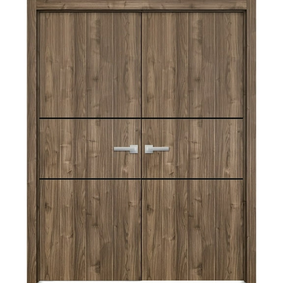 Solid French Double Doors 36 x 80 inches | Planum 0014 Walnut with Frosted Glass | Wood Solid Panel Frame Trims | Closet Bedroom Sturdy Doors