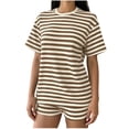 thumbnail image 2 of Costeam Womens Striped Outfit Set Short Sleeve Crew Neck Tee and Shorts Casual Textured Knit Loungewear Loose Fit Summer Matching Set, 2 of 7