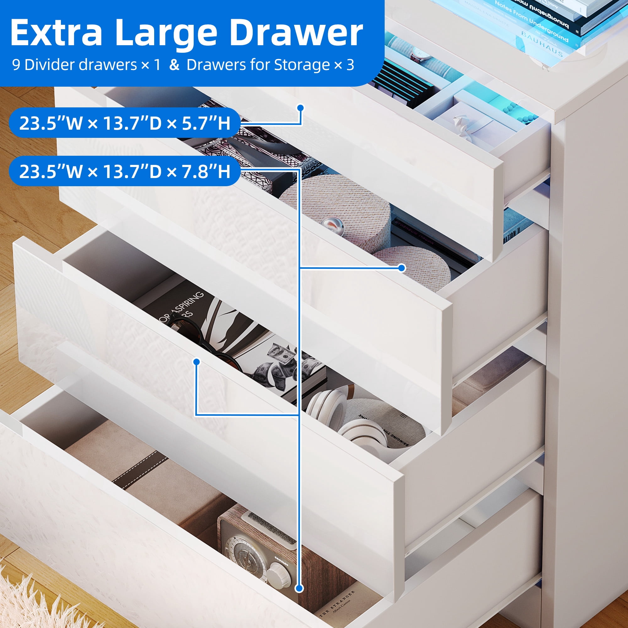 Uforic 4 Drawers Dresser with LED Lights, Modern Storage Drawers Chest Cabinet, White