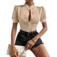 thumbnail image 3 of Womens Short Sleeve Shirts Button Down Blouse Casual Summer Textured Tops Khaki S, 3 of 8