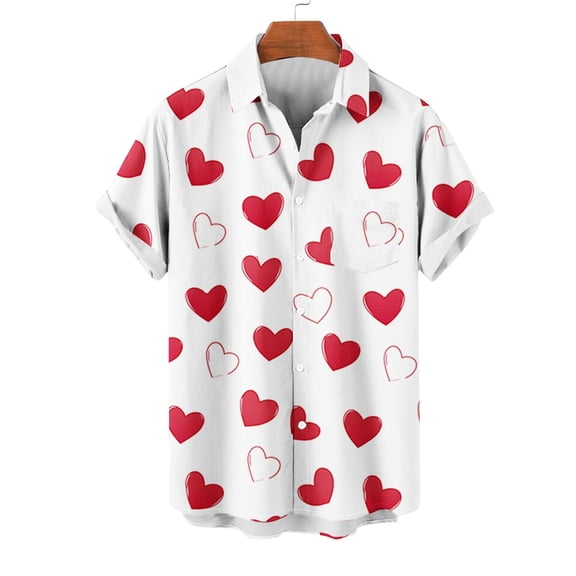 Dxzfnsa Heart Printed Shirt for Men Summer Mens Casual Short Sleeve Lapel Tops Button Down Graphic Printed Shirts for Valentine Gift