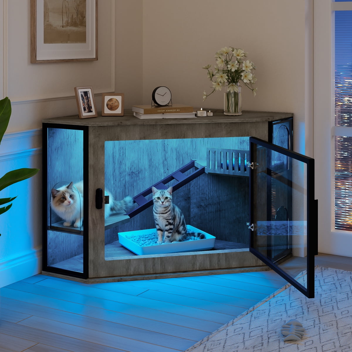 LuckyNote 48" Corner Cat Litter Box Enclosure, Modern Hidden Litter Cabinet with Acrylic Door & LED Light, Cat House with Playground Stairs