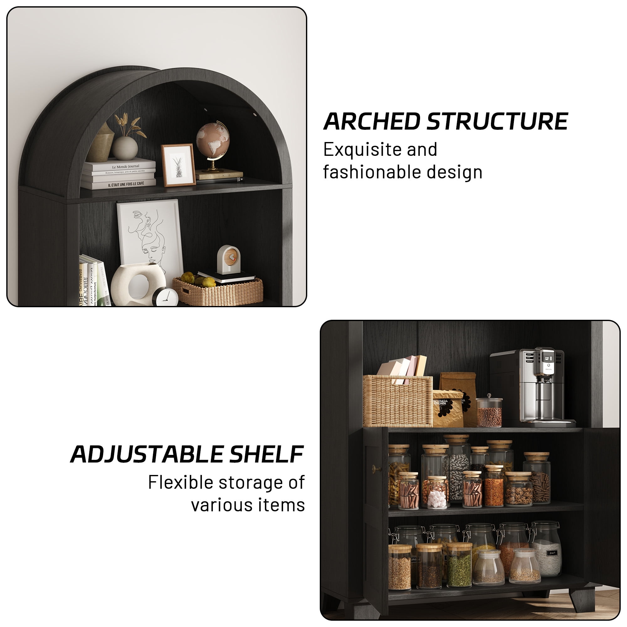 70'' Tall Arched Cabinet, Arched Kitchen Pantry Cabinet with 2 Doors and 5shelves, Open Storage Cabinets Display Bookcase, Versatile Cupboard for Living Room(Black)
