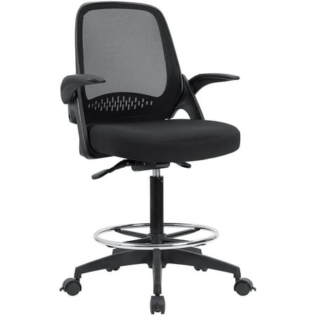 Lacoo Drafting Chair Tall Office Chair with Flip-up Armrests Executive Computer Standing Desk Chair with Lockable Wheels and Adjustable Footrest Ring, Black