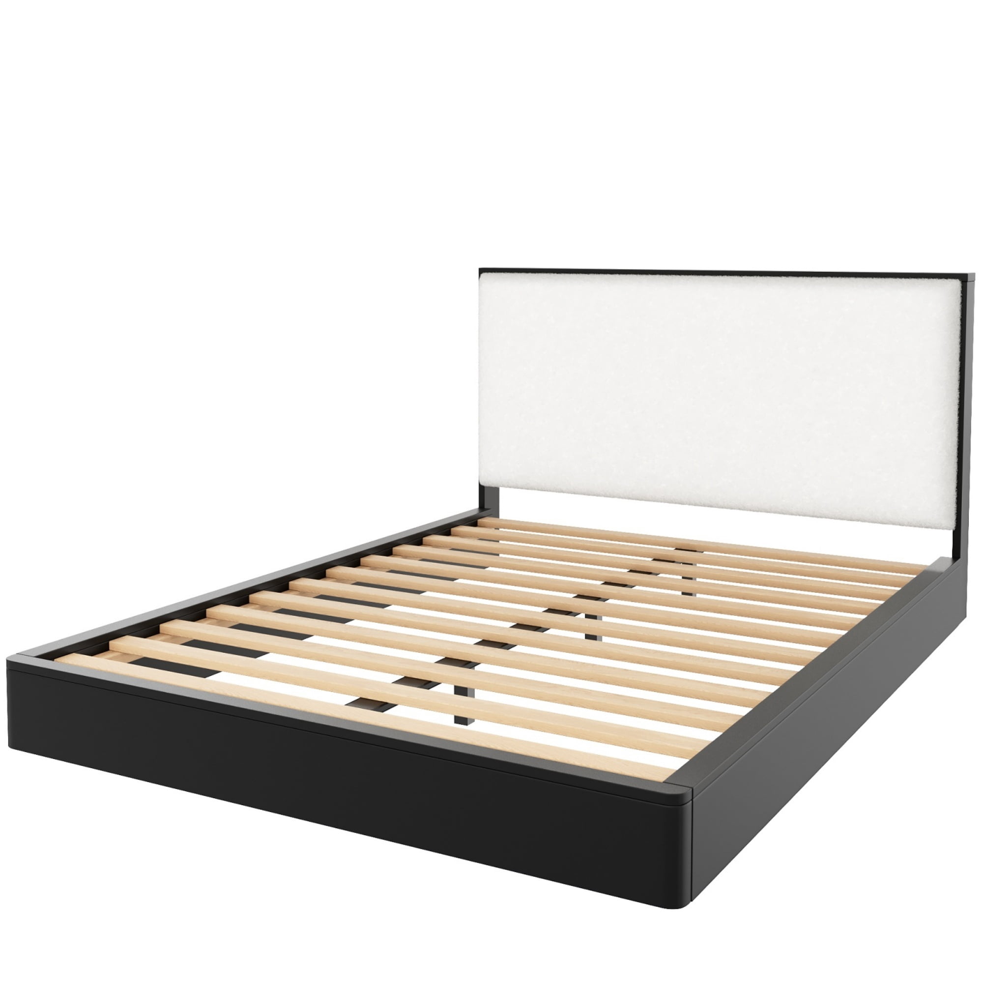 Euroco Wood Queen Size Platform Bed with Bouclé Upholstered Headboard, No Box Spring Needed, Black