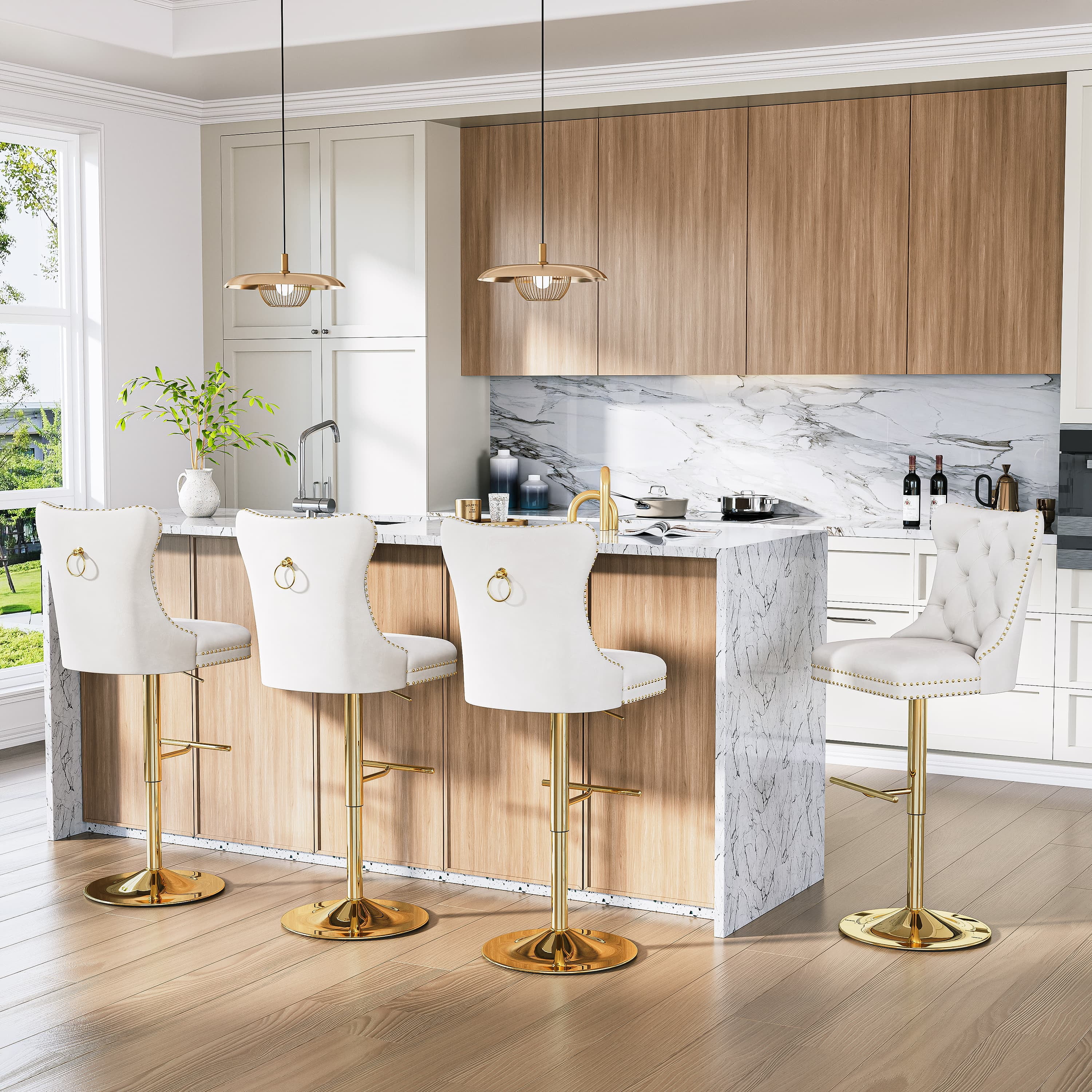 Modern Velvet Bar Stools Set of 2 Adjustable Swivel Counter Height Chairs with Upholstered Back and Nailhead Trim for Home Pub Kitchen Island