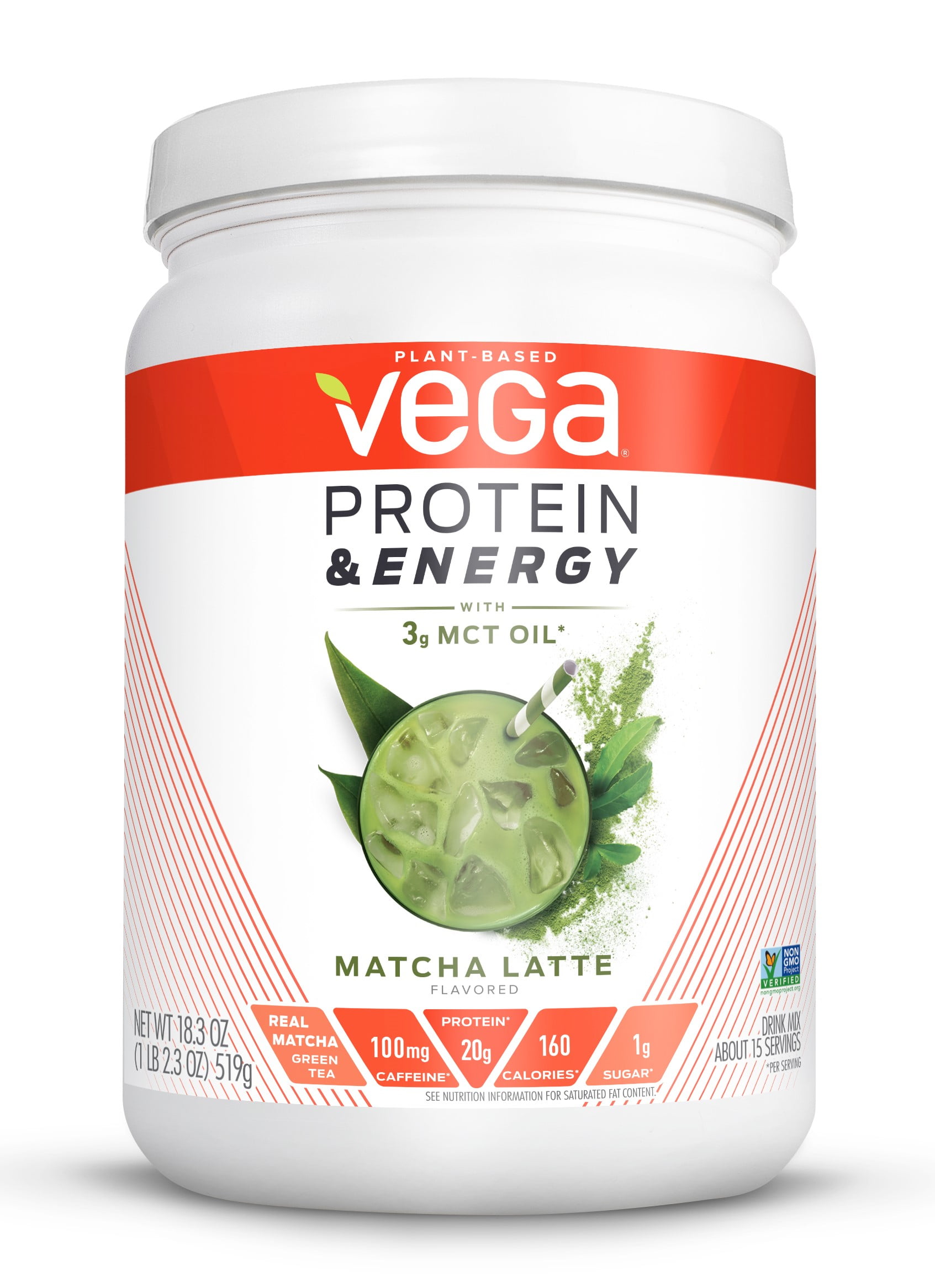Vega Protein & Energy Powder, Matcha Latte, 20g Protein, 1.1lb, 18.3oz