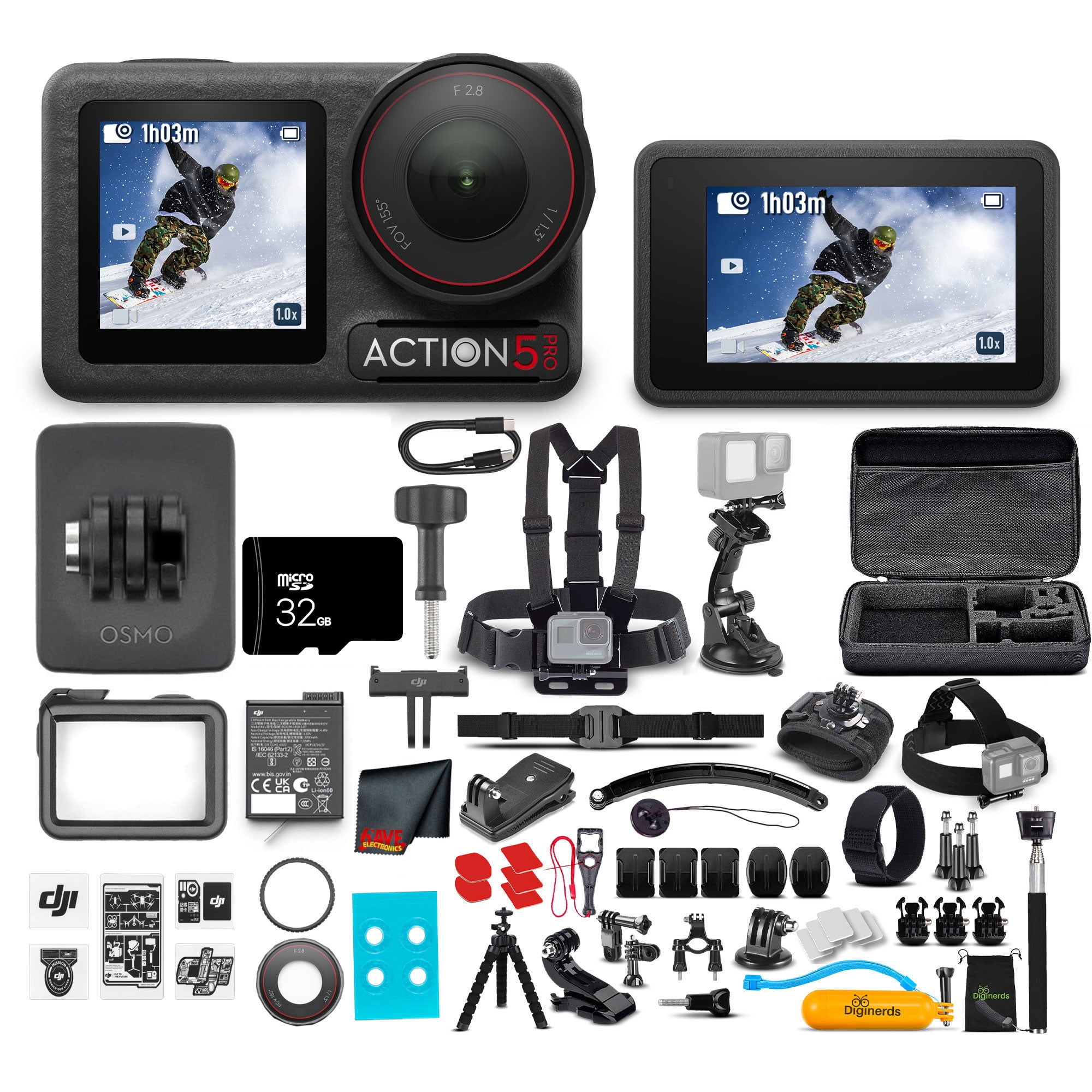 DJI Osmo Action 5 Pro Standard Combo - Action Camera Waterproof with 4K UHD Video, 1/1.3" Sensor, Dual Screens, Stabilization, For Vlogging, Sports & Travel + 64GB Card & 50 Piece Accessory Kit