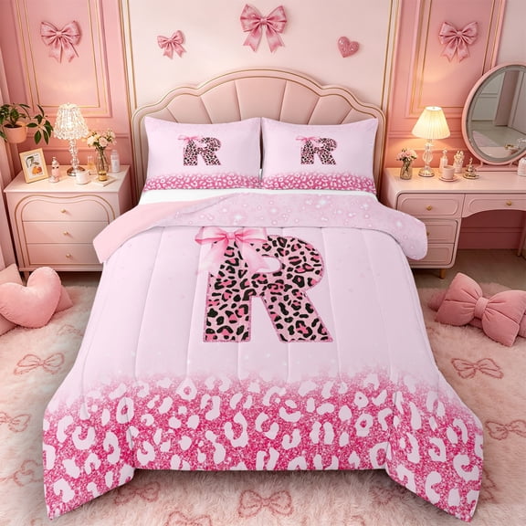 Castle Fairy Pink Leopard Bow Letter R Full Size Comforter Sets 3 Pieces for Girls,Kawaii Ribbon Bow Tie Bedding Sets,Pink Reversible
