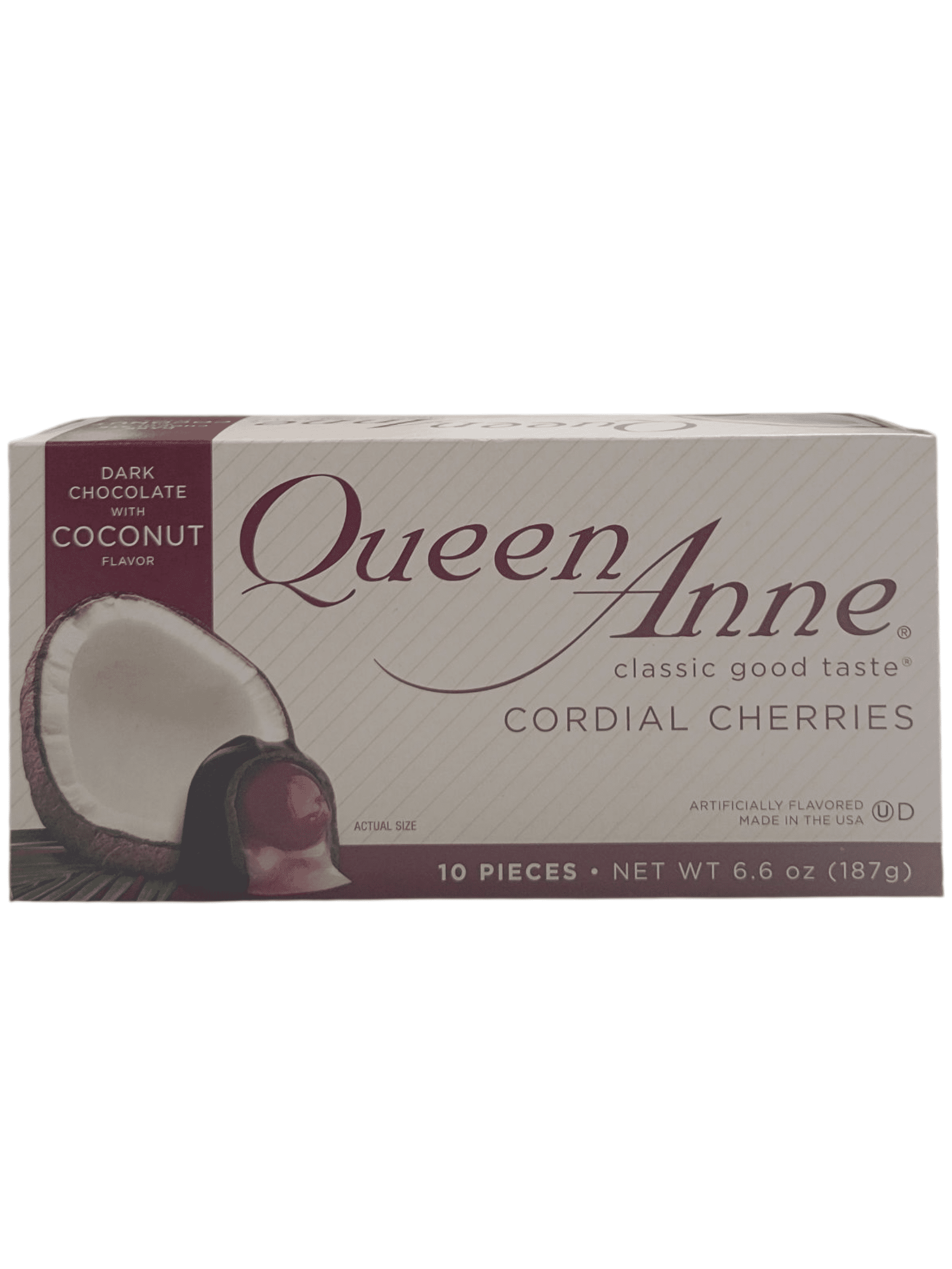 Queen Anne Cordial Blueberries (10 Pieces), and Cordial Cherries in Cherry Cola (10 Pieces), French Vanilla (10 Pieces), and Dark Chocolate with Coconut (10 Pieces)