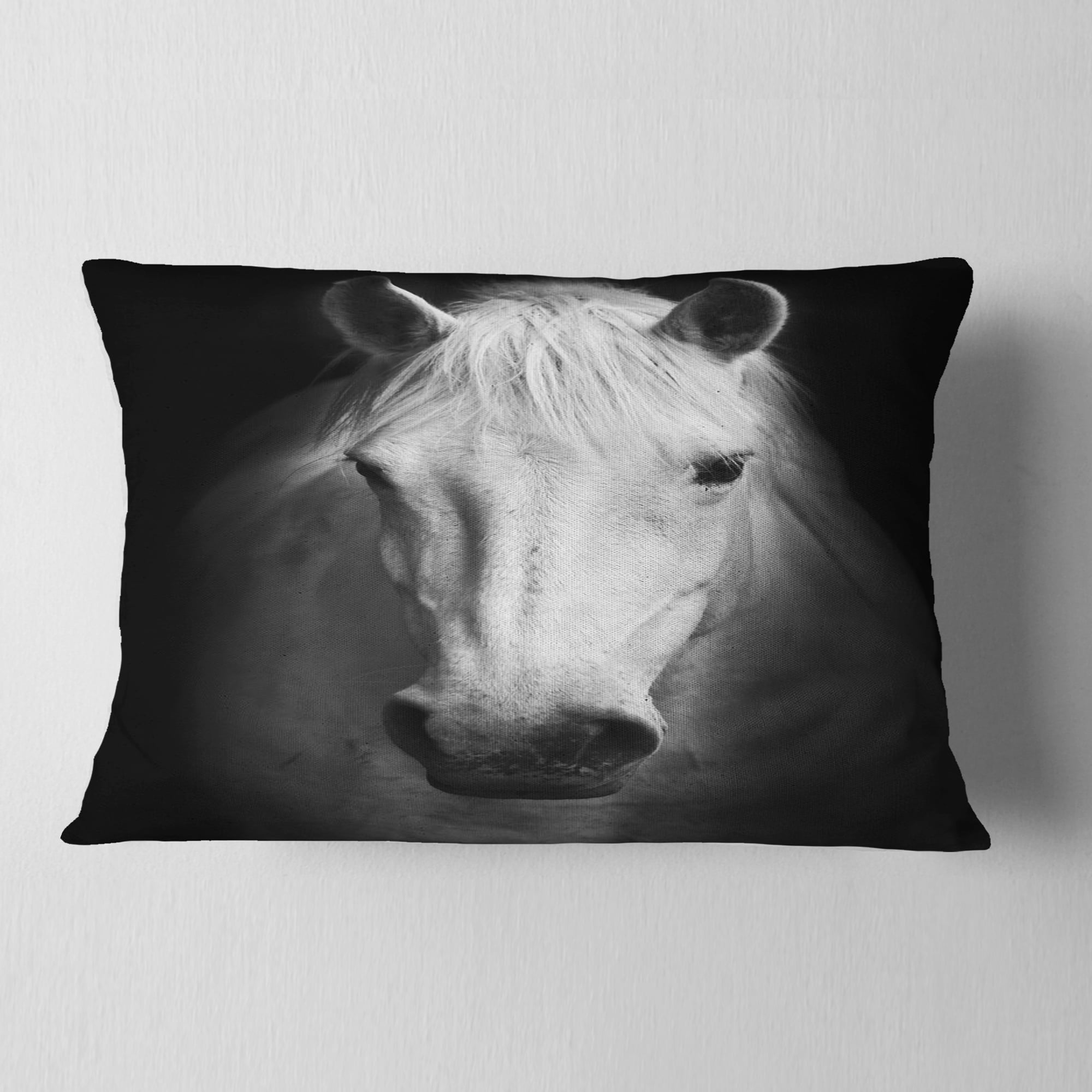 Designart White Horse Black and White - Animal Throw Pillow - 12x20