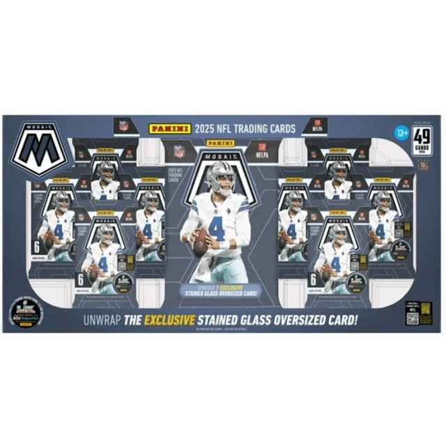 Panini Mosaic Football Cards Bundle 2025 with 8 packs of football trading cards and 1 oversized stained glass card. Each pack includes 6 premium cards featuring rookies, stars, inserts, and potential rare hits. The packaging displays NFL branding and player imagery, emphasizing the exclusive stained glass card. Suitable for ages 13 and up.