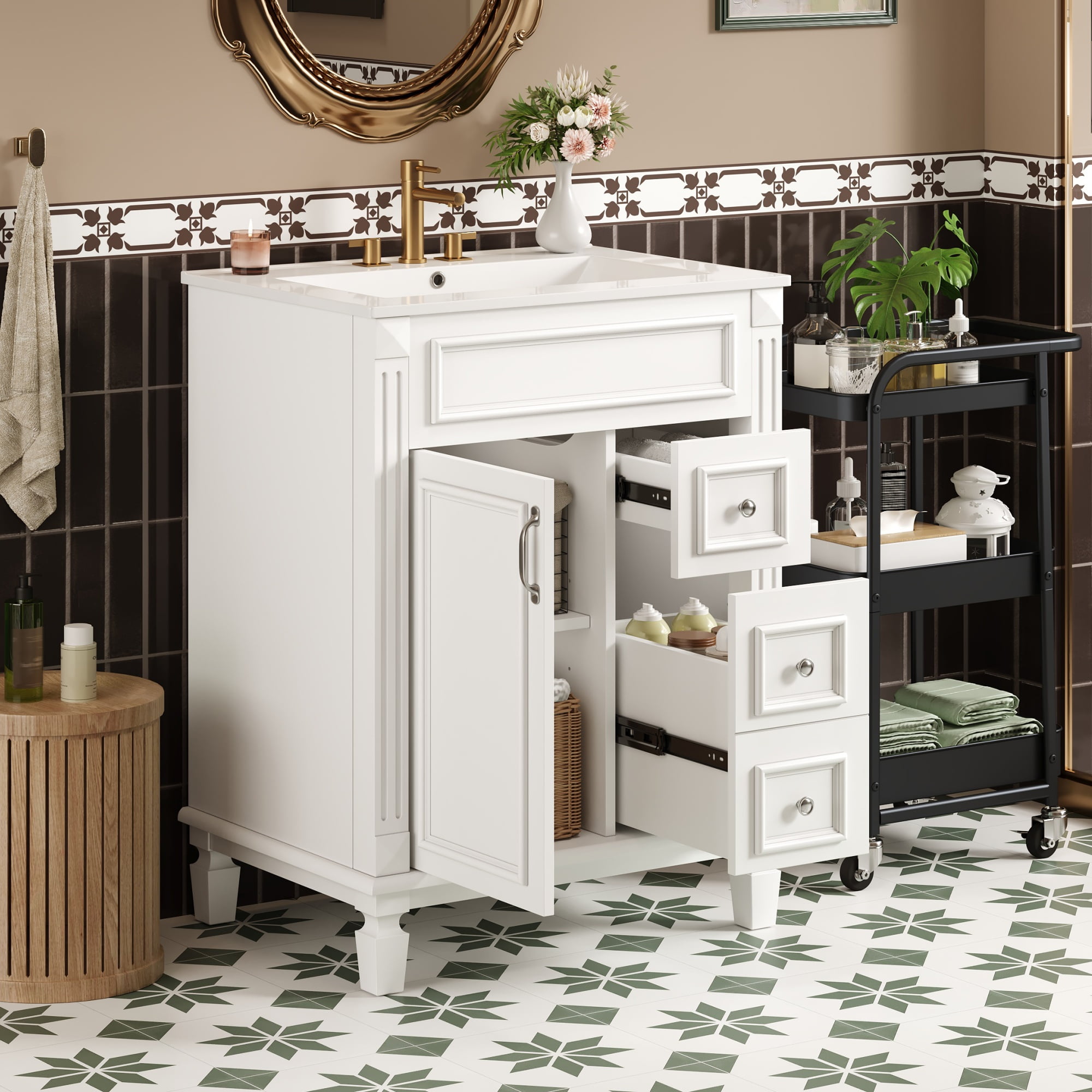 Euroco 24" Bathroom Vanity with Ceramic Sink, Small Bathroom Sink Cabinet, Modern Cabinet with 2 Drawers and Adjustable Shelf