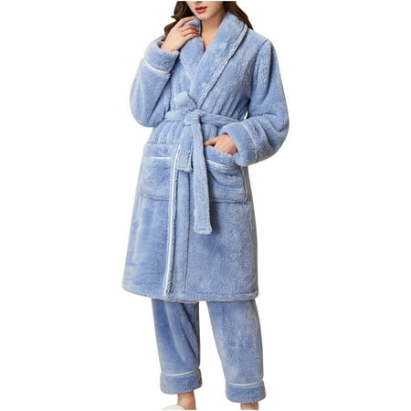 

oieyuz Nightgown Sets for Women Comfy Adjustable Belt Long Coat Thermal Pants Fleece Homewear Suits