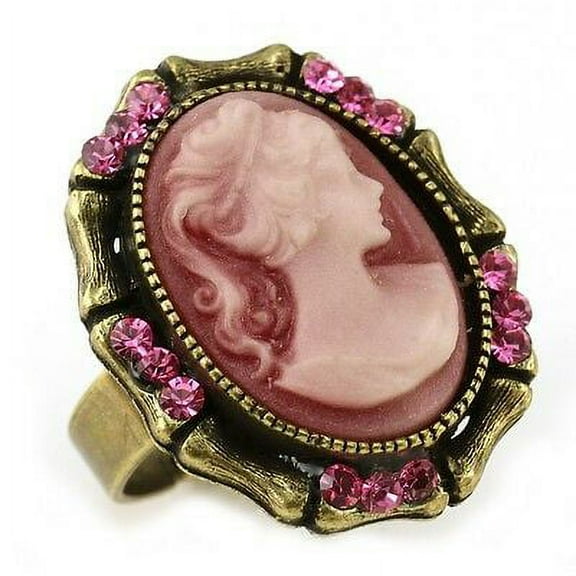 Antique Vintage St Pink Rhinestone Lady Cameo Fashion Designer Ring Size Free c3