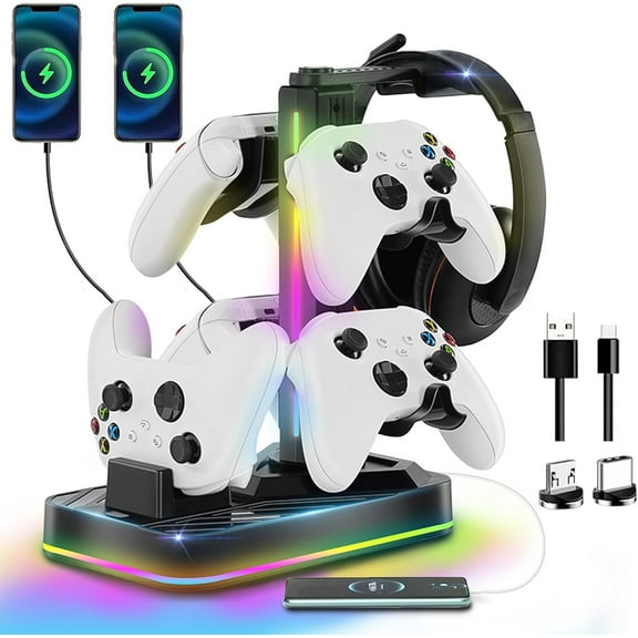 Headphone & Controller Stand with Charging Station for Xbox Series X|S/Elite 2/One/One X/One S/One Elite, RGB Controller Charger Dock for Xbox, Headset and Controller Holder with 3 USB Ports