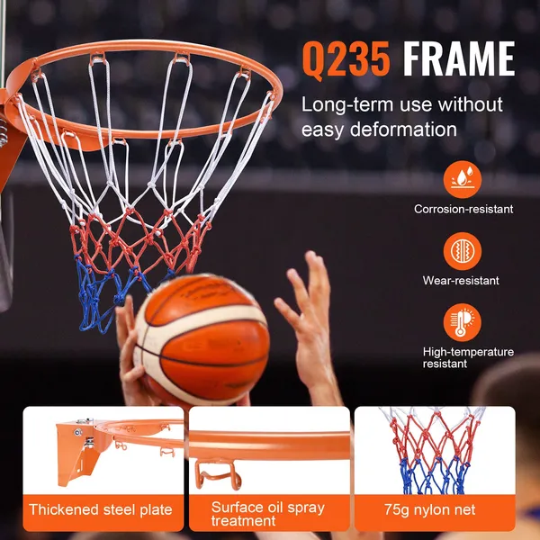 Heavy Duty Q235 Steel Basketball Hoop 18 Inch Standard Wall Door Mounted Indoor Outdoor Basketball Rim Goal with Net for Kids Adults